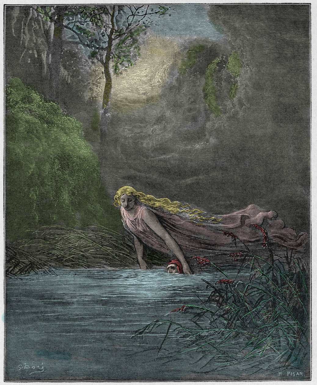 Purgatorio, Canto 31: Dante sumergido en el Río Leteo, ilustración de "La Divina Comedia" de Dante Alighieri, 1885 de Gustave Dore