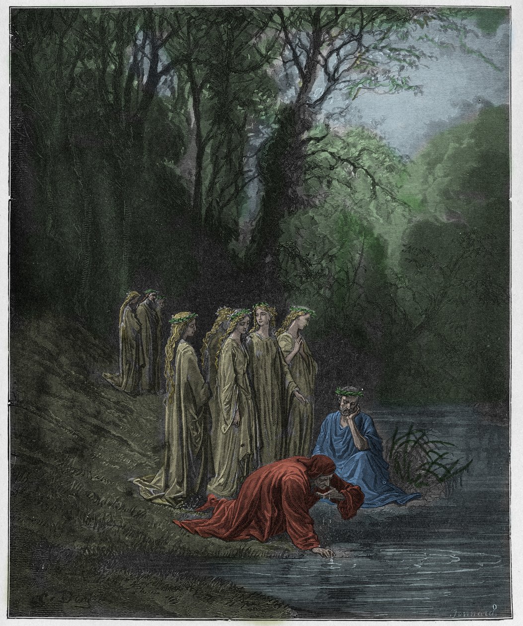 Purgatorio, Canto 33: Dante bebe del río Eunoe, ilustración de "La Divina Comedia" por Dante Alighieri, 1885 de Gustave Dore