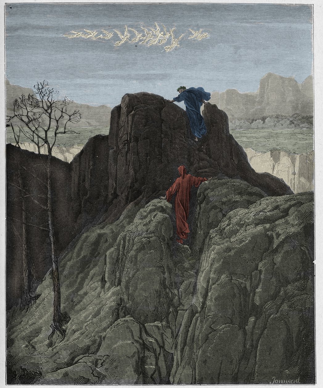Purgatorio, Canto 4: Virgilio guía a Dante por la escarpada ladera de la montaña, ilustración de "La Divina Comedia" por Dante Alighieri, 1885 de Gustave Dore