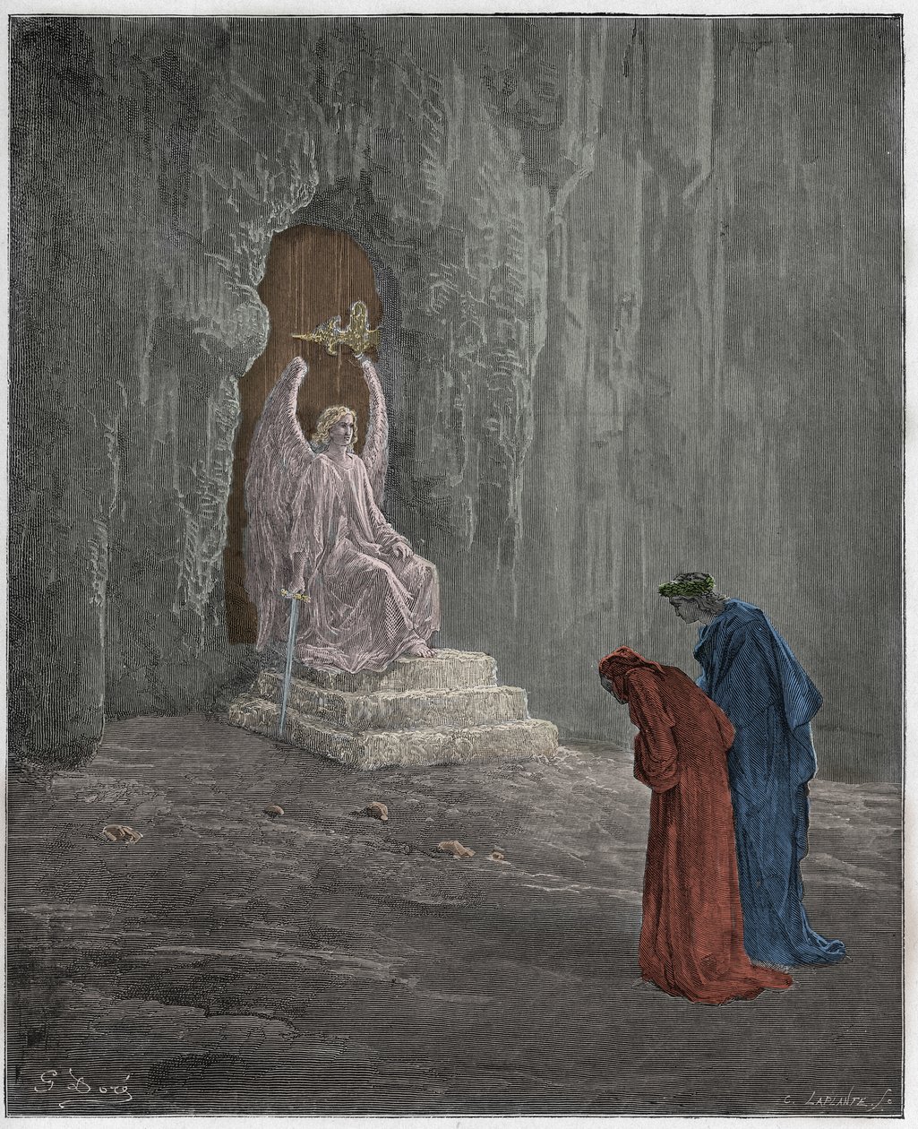 Purgatorio, Canto 9: Dante y Virgilio en los portales del Purgatorio, ilustración de "La Divina Comedia" por Dante Alighieri, 1885 de Gustave Dore