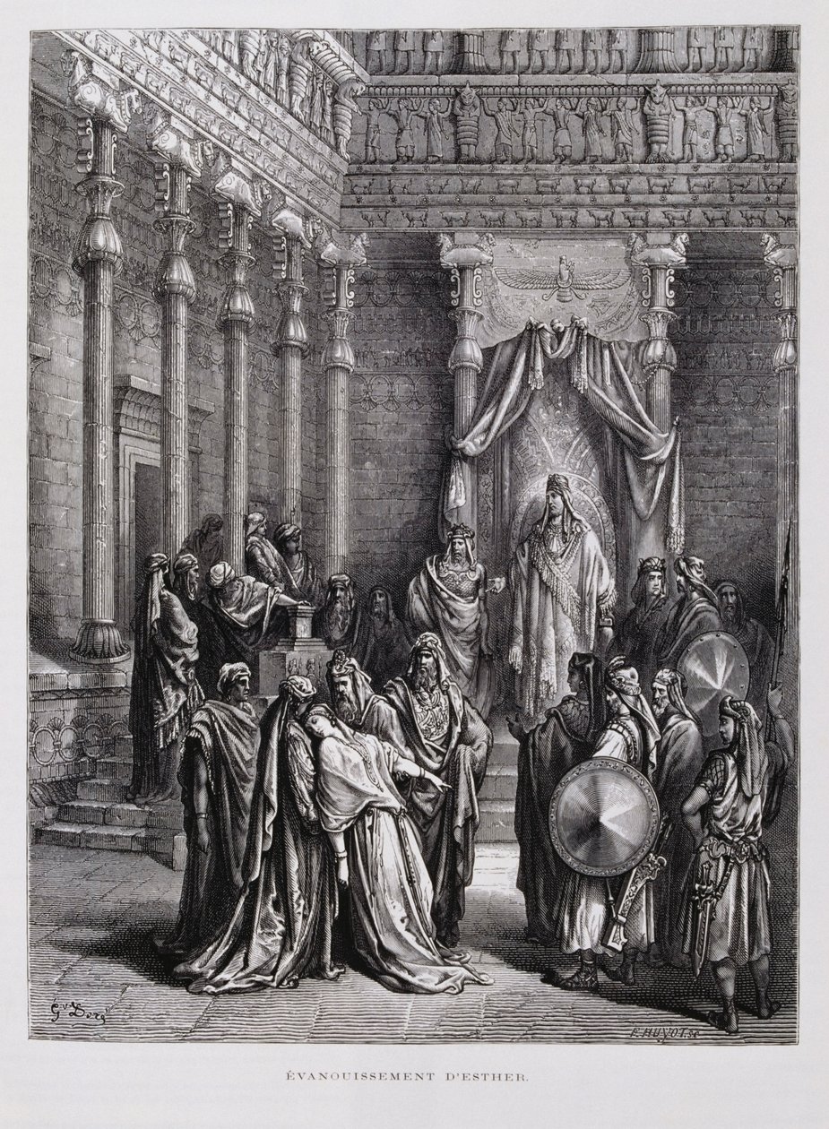La Reina Esther se desmaya ante el Rey, Ilustración de la Biblia de Dore de Gustave Dore