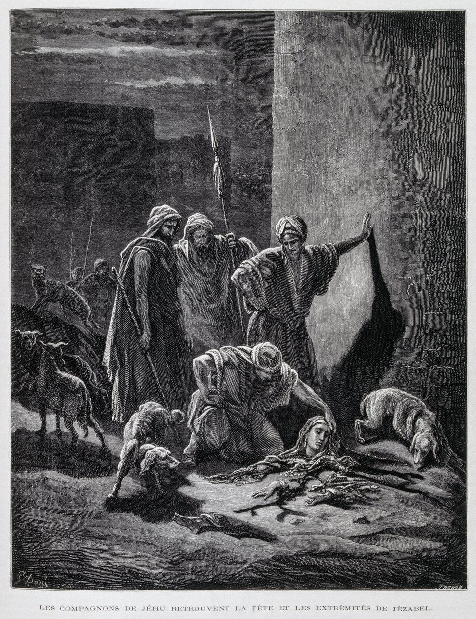 Restos de la reina Jezabel tras ser arrojada por las ventanas del palacio, Ilustración de la Biblia de Dore. de Gustave Dore