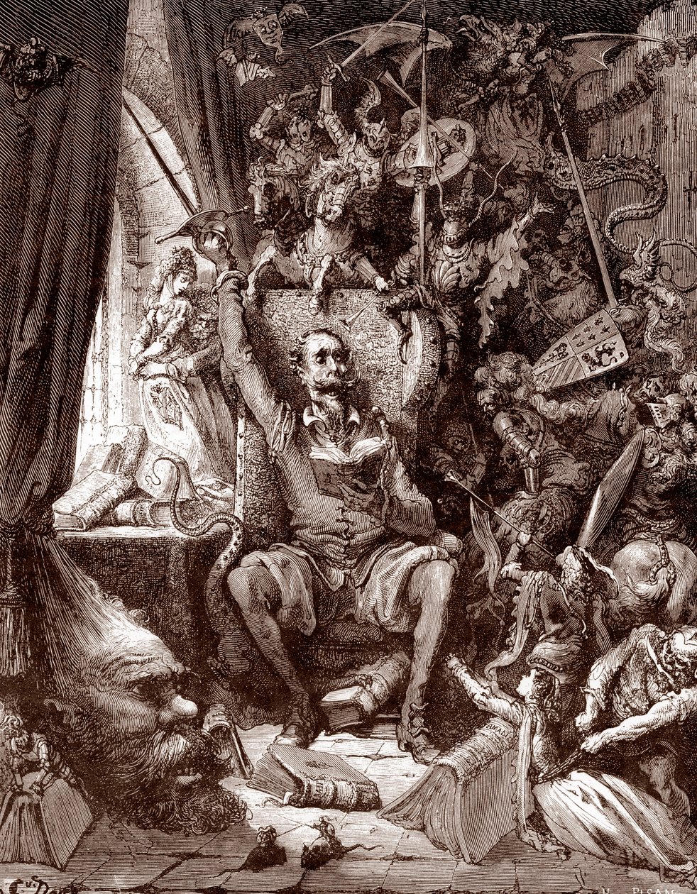 Representación de Don Quijote en su biblioteca rodeado de las criaturas de sus libros Grabado de Gustave Dore (1832-1883) para "L