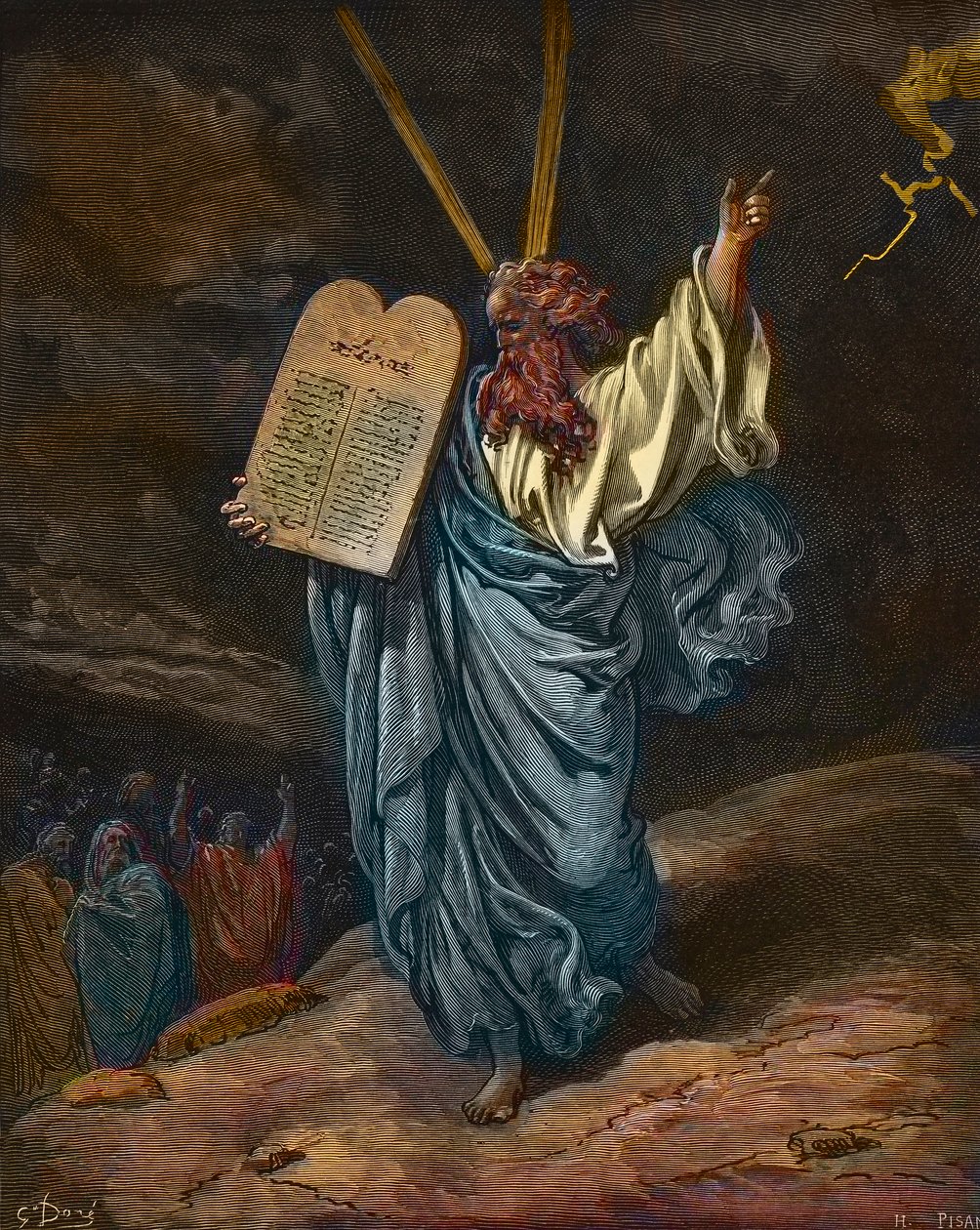 Representación de Moisés con las nuevas Tablas de la Ley en el Monte Sinaí - grabado por Gustave Doré (1832-1883) - coloreado posteriormente de Gustave Dore