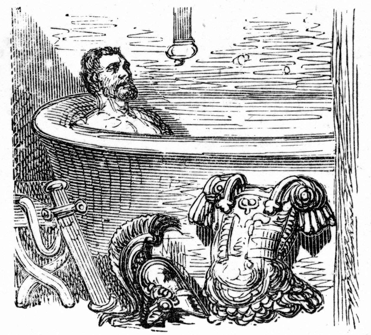 Soldado romano bañándose en las termas de Bagneres de Bigorre: grabado de Gustave Dore que ilustra el libro "Voyage aux Pyrenees" de Hippolyte Taine, Hachette 1860. de Gustave Dore