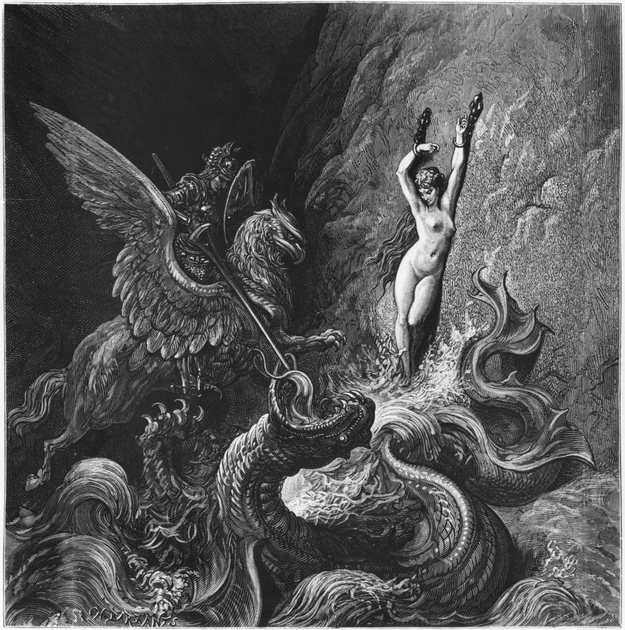 Ruggiero rescatando a Angélica, ilustración del Canto X de 