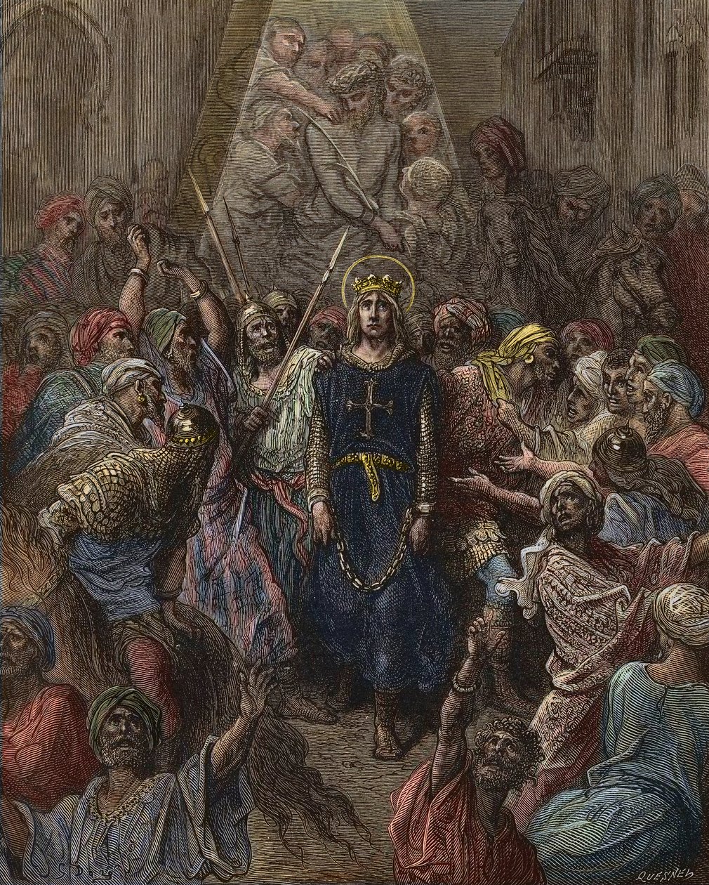 San Luis tomado prisionero en Mansoura, durante la 7ª Cruzada en 1250 - Rey Luis IX prisionero en Egipto - grabado por Gustave Dore - de Historia de las Cruzadas por Joseph-Francois Michaud de Gustave Dore