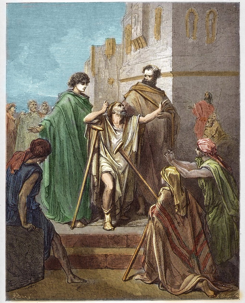 San Pedro y San Juan curando a un cojo - San Pedro, acompañado por San Juan, milagrosamente curó a un cojo en Jerusalén - grabado en "La Biblia ilustrada" por Gustave Doré (1832-1883) - Grabado de "La Biblia de Doré" de Gustave Dore