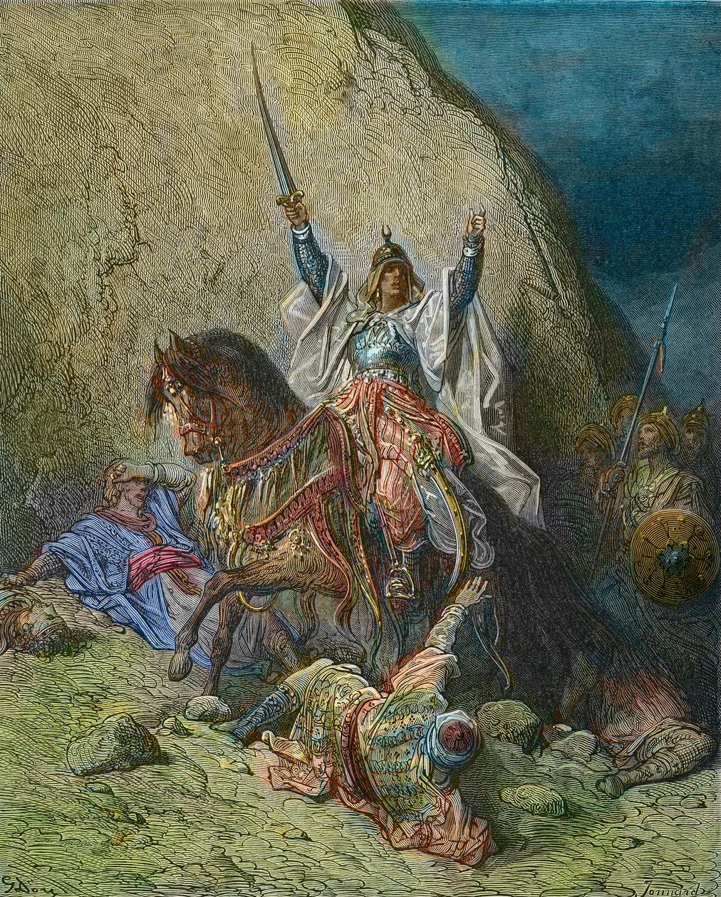 Saladino el Magnífico - Rey Saladino (1138-1193) (Salah al Din Yusuf al-Ayyubi) comandante de las fuerzas musulmanas contra las cruzadas - grabado en color del siglo XIX de Gustave Doré - de la Historia de las Cruzadas de Joseph-François Michaud de Gustave Dore