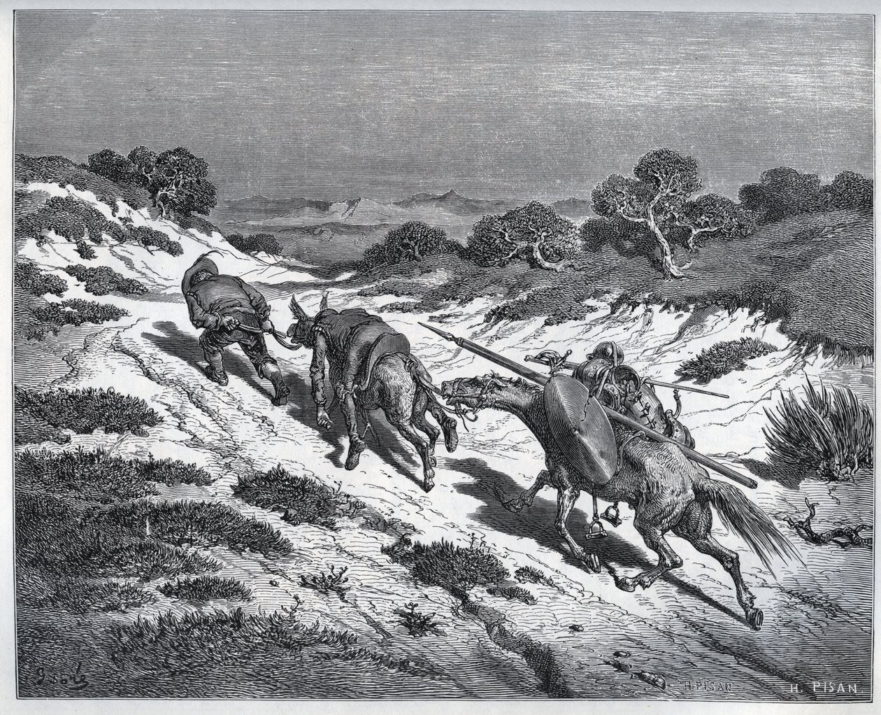 Sancho Panza, Don Quijote y sus monturas después de su derrota contra los Yangüeses - de "Don Quijote de la Mancha" de Miguel de Cervantes (1547-1616) - xilografía después de un dibujo de Gustave Doré. de Gustave Dore