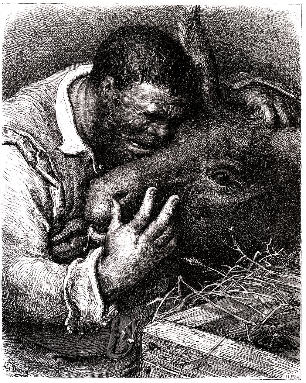 Sancho Panza llora mientras besa a su burro de Gustave Dore