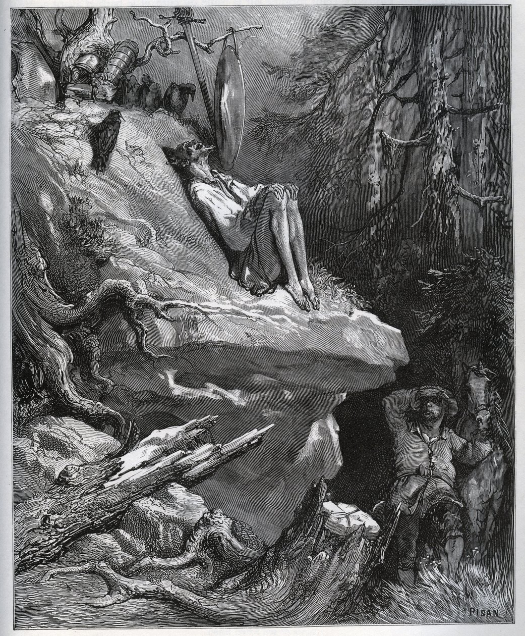 Sancho Panza encuentra a su amo, siempre en penitencia - de “Don Quijote de la Mancha” por Miguel Cervantes (1547-1616) - xilografía según dibujo de Gustave Doré de Gustave Dore