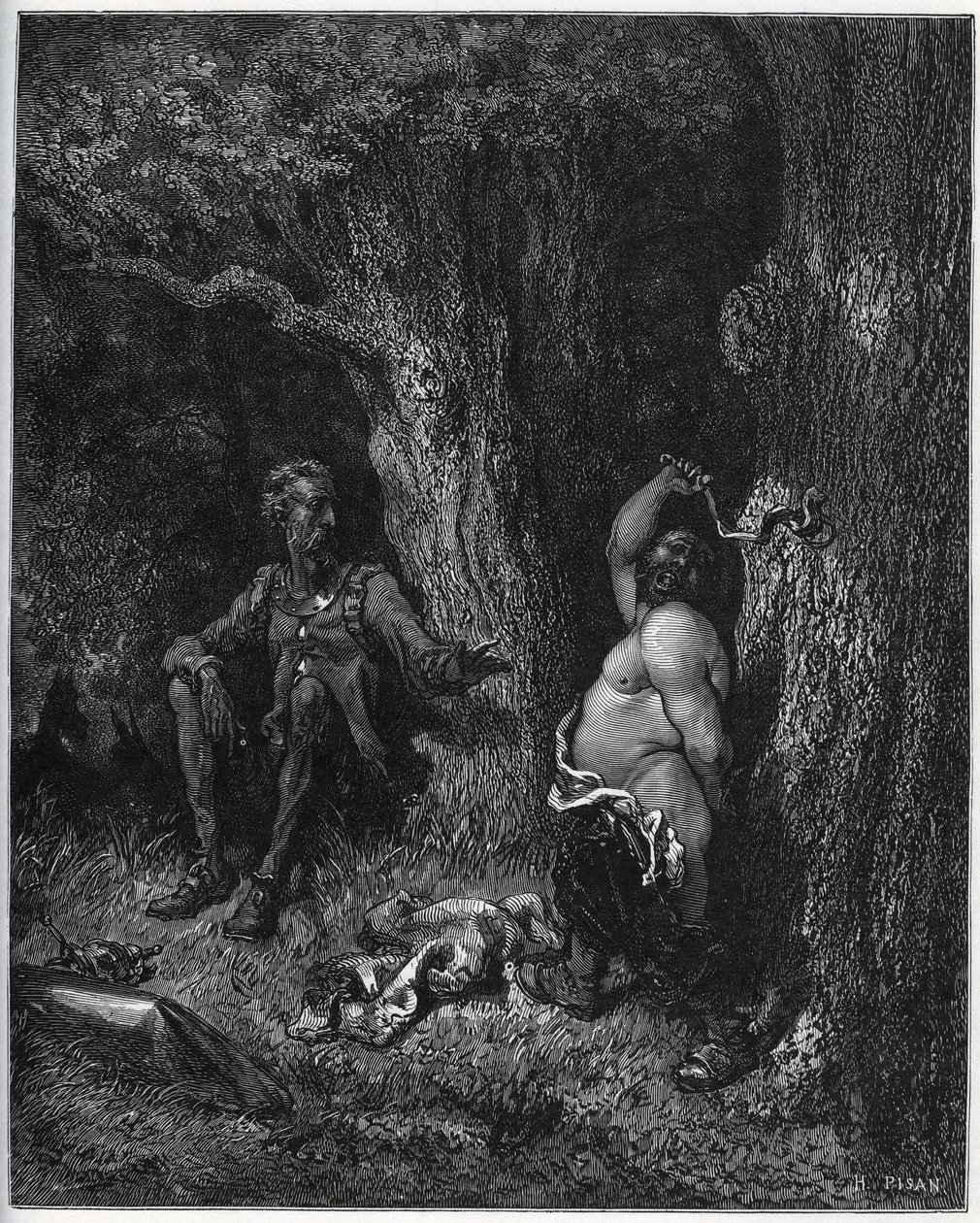Sancho Panza vuela frente a Don Quijote para cumplir el deseo de Merlín y así desencantar a Dulcinea del Toboso. Don Quijote le insta a moderar sus ardores - de 