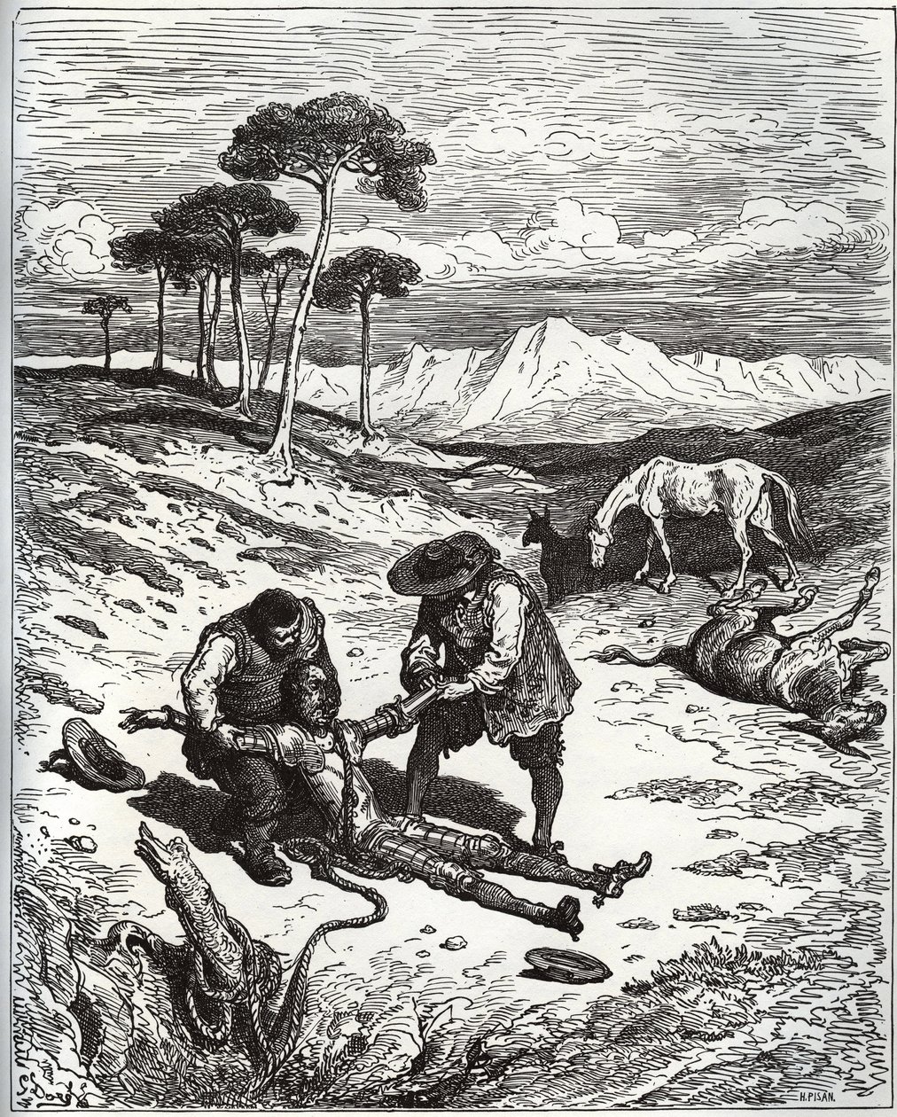 Sancho y el primo sacan a Don Quijote (dormido) de la cueva de Montesinos - de “Don Quijote de la Mancha” de Miguel Cervantes (1547-1616) - xilografía según dibujo de Gustave Doré de Gustave Dore