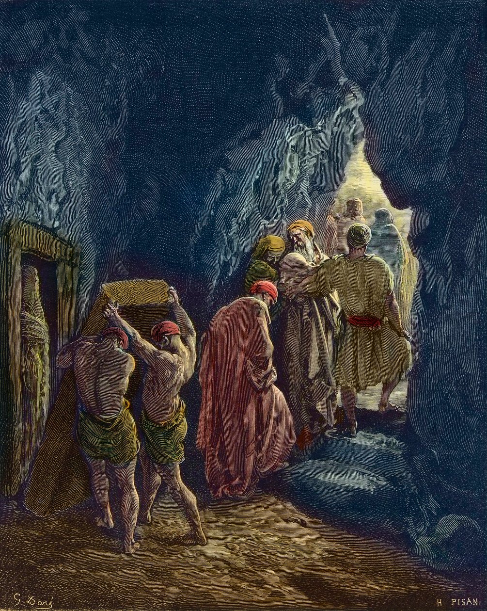 La muerte de Sara tiene 127 años - El entierro de la esposa de Abraham, Sara - grabado por Gustave Doré - coloreado posteriormente de Gustave Dore