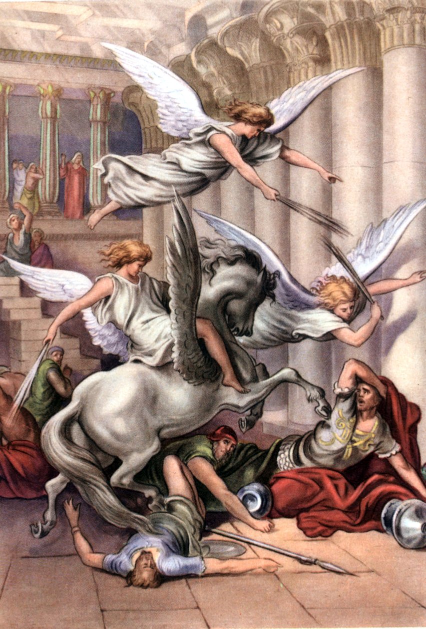 Conjunto de postales educativas bíblicas de los años 50 , realizadas después de Bellas Artes: aquí después de "Heliodoro Expulsado del Templo" de Gustave Dore de Gustave Dore