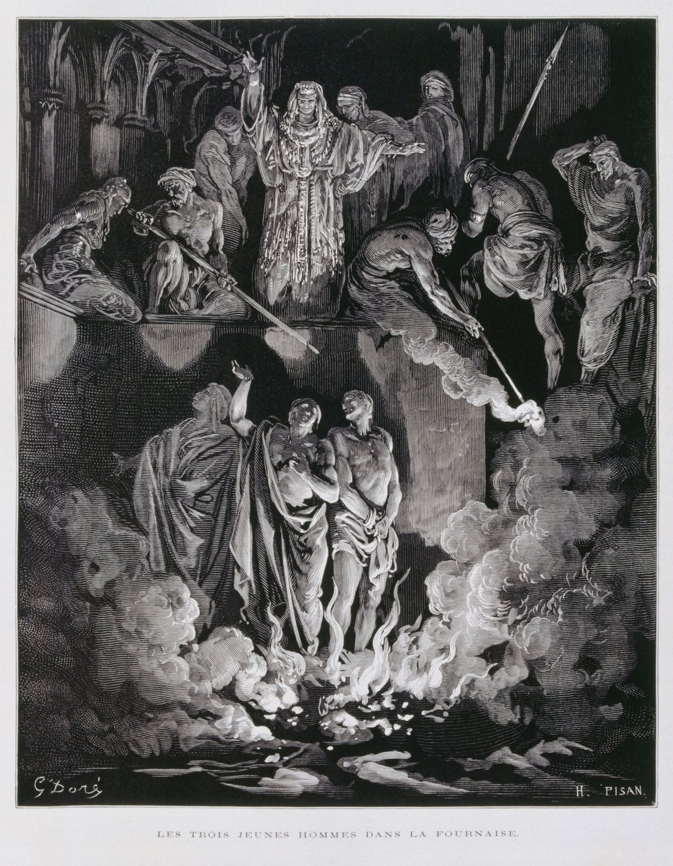 Sadrac, Mesac y Abednego en el horno de fuego, ilustración de la Biblia de Dore. de Gustave Dore