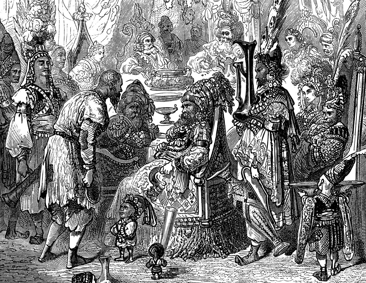 Sindbad el marino (Simbad) - cuento de las mil y una (1001) noches - ilustración de Gustave Dore (detalle) - edición Maxwell 1865 - Prólogo: un pobre portador (Hinbad) se presenta ante Sindbad, que se ha hecho viejo y rico. Éste le dirá de Gustave Dore