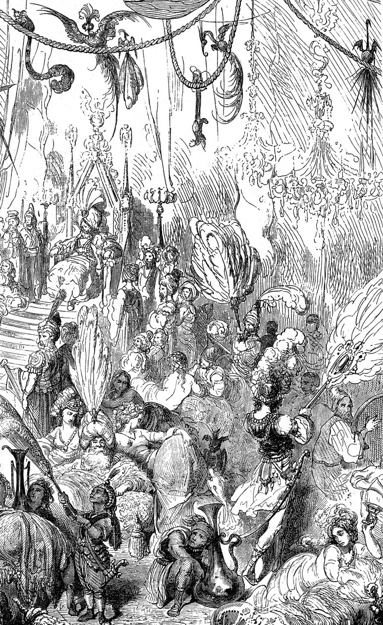 Sindbad el marino (Simbad) - cuento de las mil y una (1001) noches - ilustración de Gustave Dore - edición Maxwell 1865 - Sexto viaje - este grabado puede representar la corte del rey de Serendib o la del califa Haroun al-Rashid (Harun al de Gustave Dore
