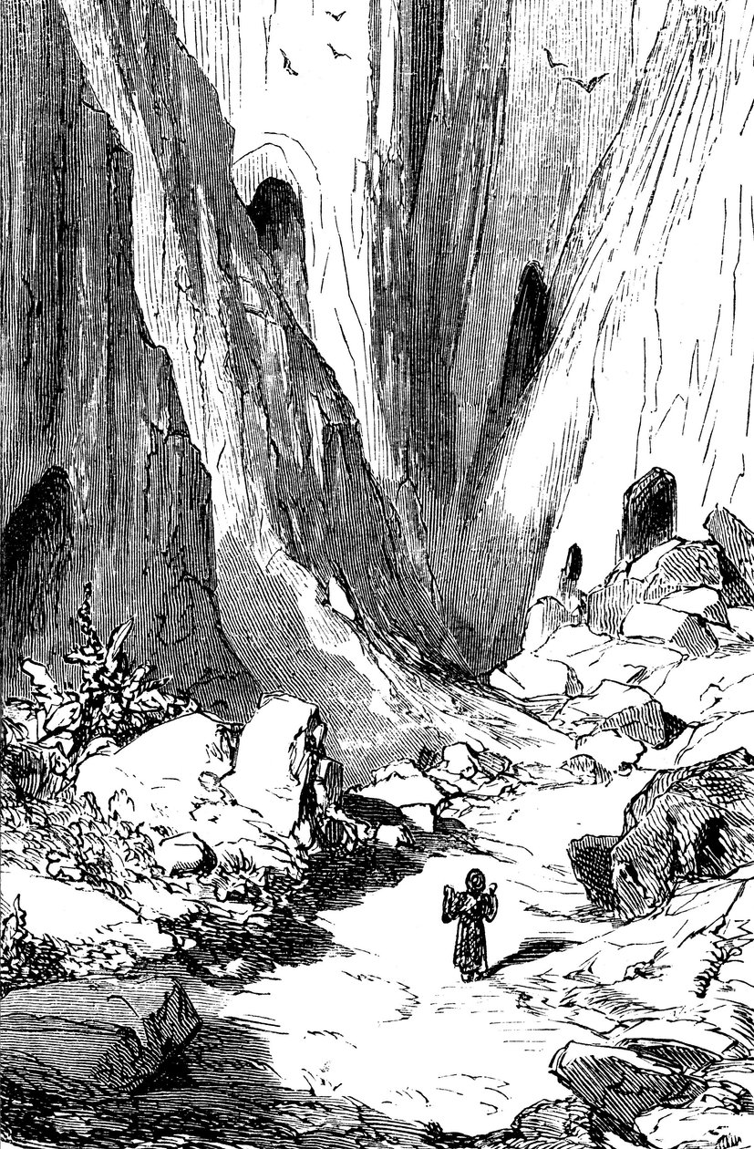 Sindbad el marino (Simbad) - cuento de las mil y una (1001) noches - ilustración de Gustave Dore - edición Maxwell 1865 - Segundo viaje: Sindbat descubre un valle con diamantes, pero que desgraciadamente está ocupado por serpientes gigantes. Tomará refu de Gustave Dore