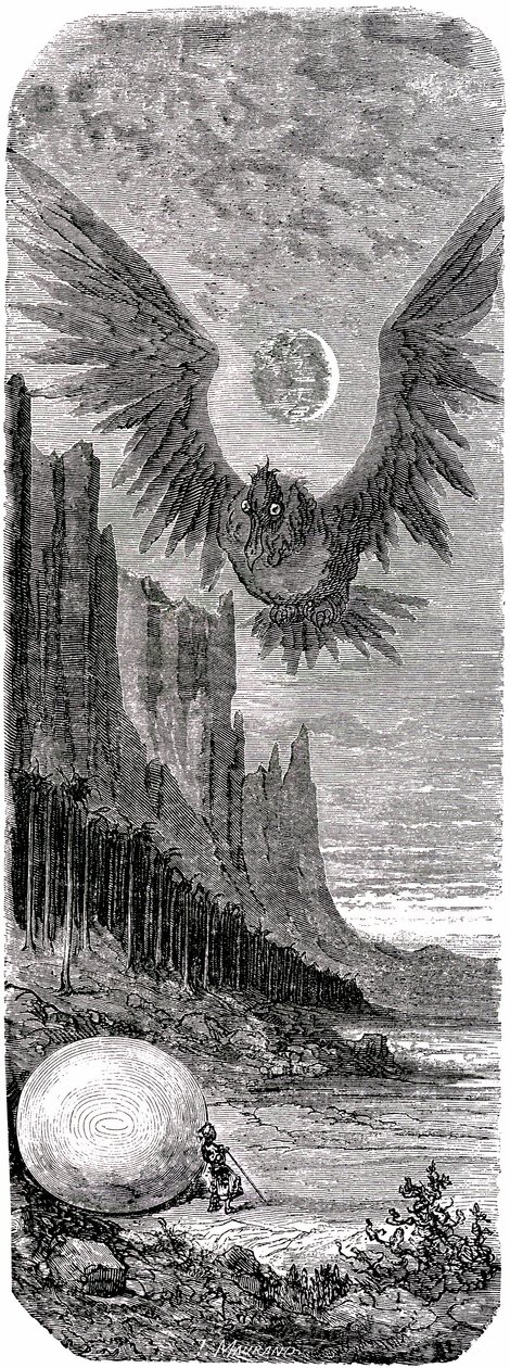 Sindbad el marino (Simbad) - cuento de las mil y una (1001) noches - ilustración de Gustave Dore - edición Maxwell 1865 - Segundo viaje: Sindbad habiendo descubierto en una isla un enorme huevo del gigantesco pájaro Roc es atacado por este pájaro gigante - de Gustave Dore