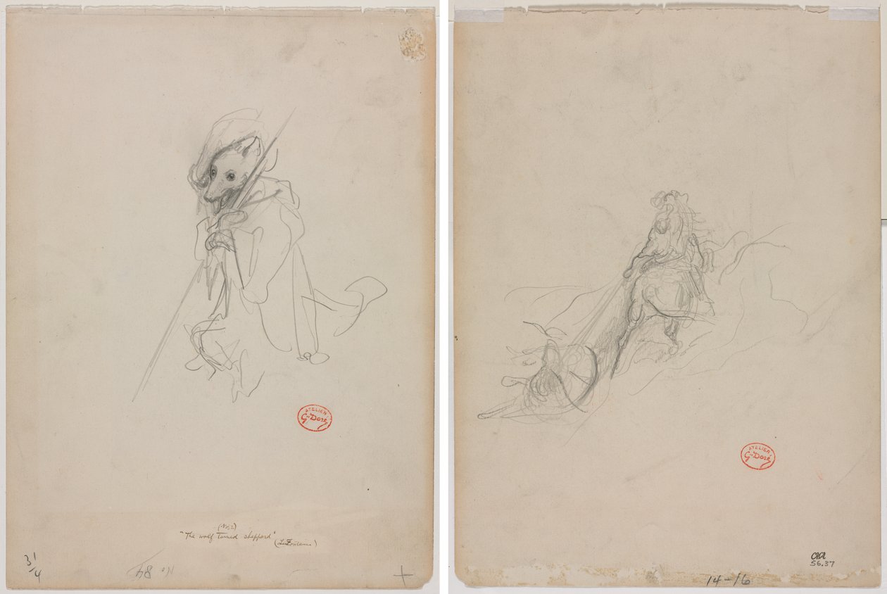 Boceto para "El Lobo Convertido en Pastor" (recto) Boceto de Escena de Caza (verso) de Gustave Dore