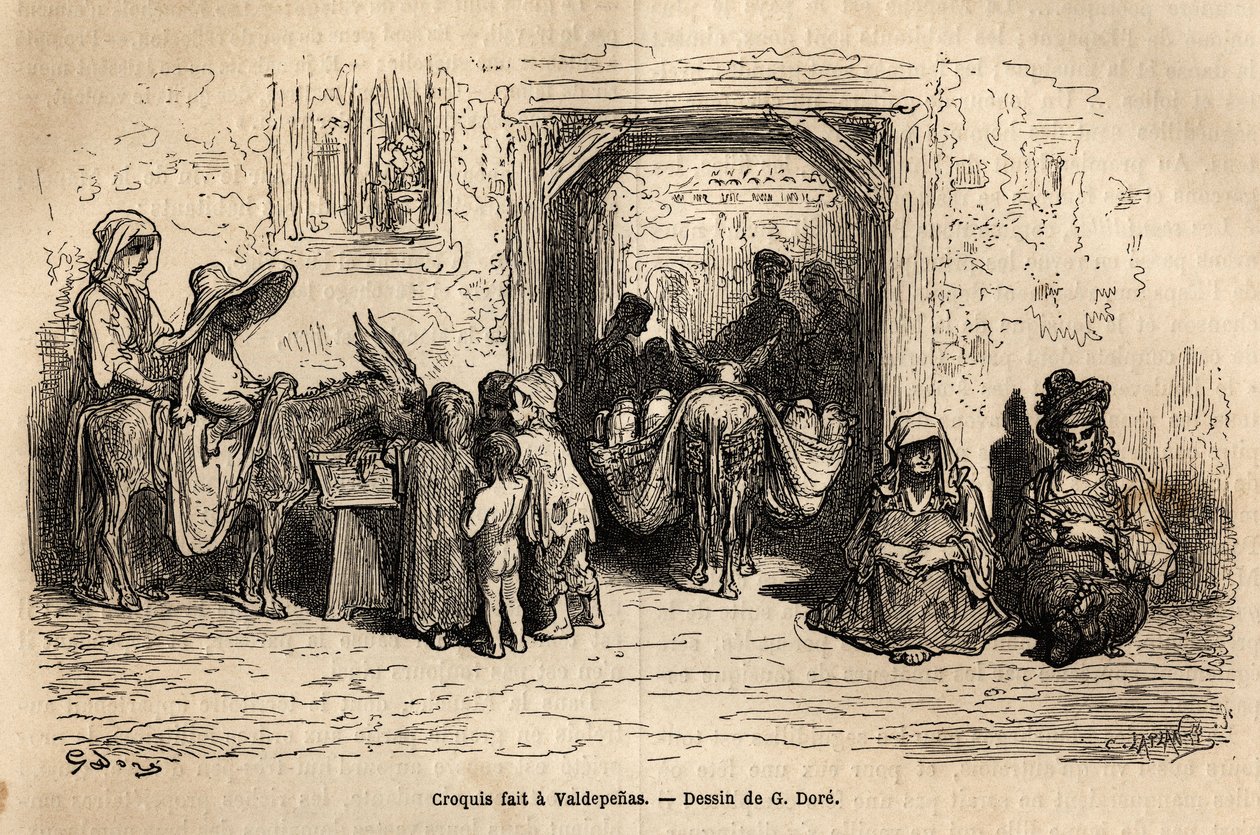 Boceto tomado en vivo: mendigos en Valpadenas (Canal). Grabado para ilustrar el viaje a España por Gustave Doré (1832-1883) ilustrador y el Barón Ch. Davillier redactor, en 1862, publicado en "Le tour du monde, nouveau journal des voyages", bajo la direcci de Gustave Dore