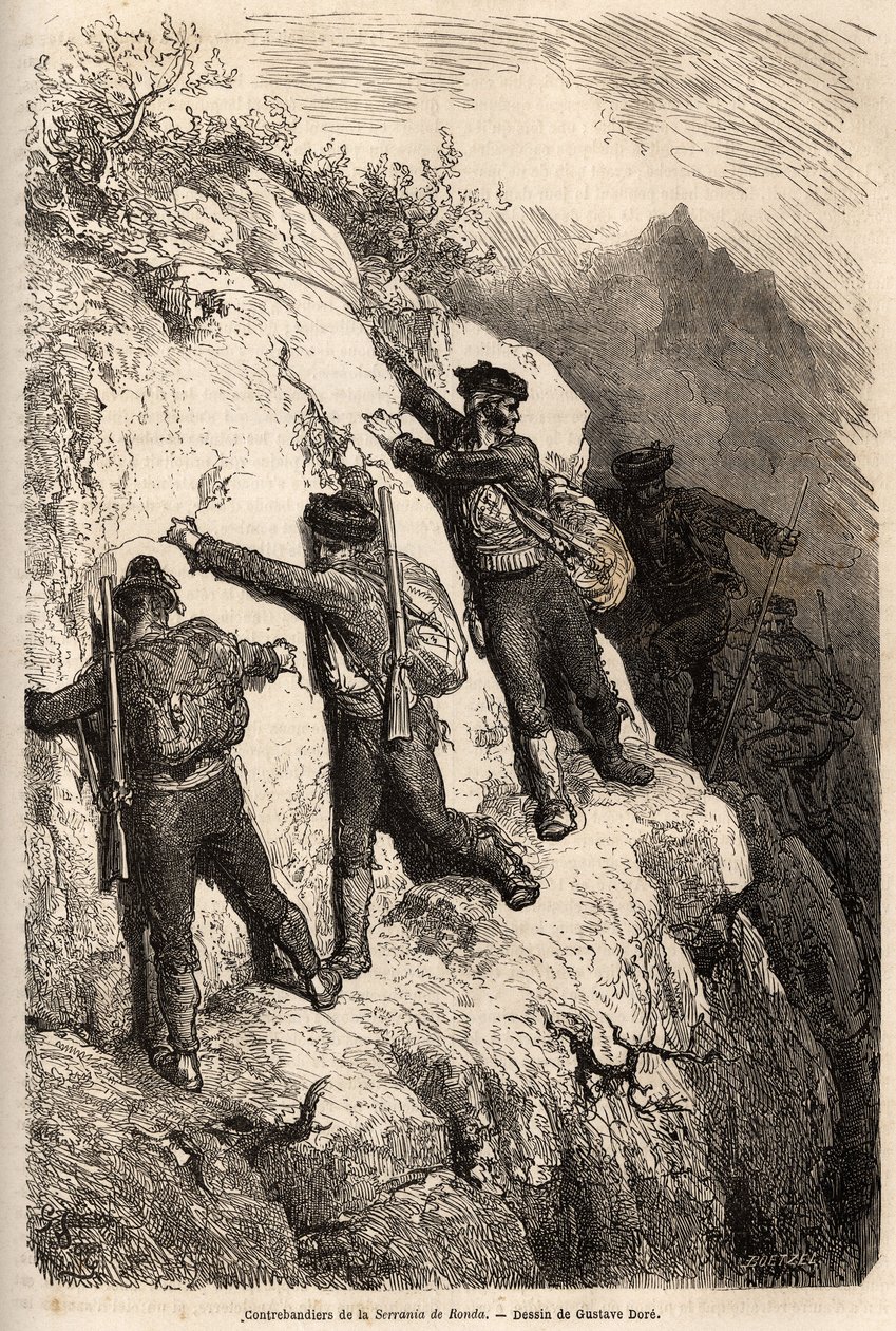 Contrabandistas de la Serranía de Ronda. Dibujo de Gustave Doré (1832-1883), para ilustrar su viaje a España en 1862, con Ch. Davillier. Grabado en “Le tour du monde”, editado por Edouard Charton de Gustave Dore