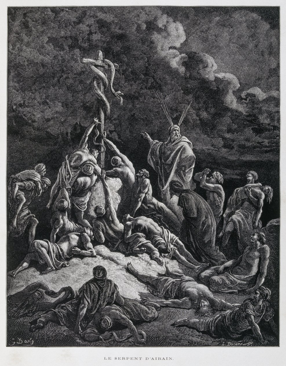 Entonces Moisés hizo una serpiente de bronce y la puso en un asta. Números 21:7, Ilustración de la Biblia de Dore de Gustave Dore