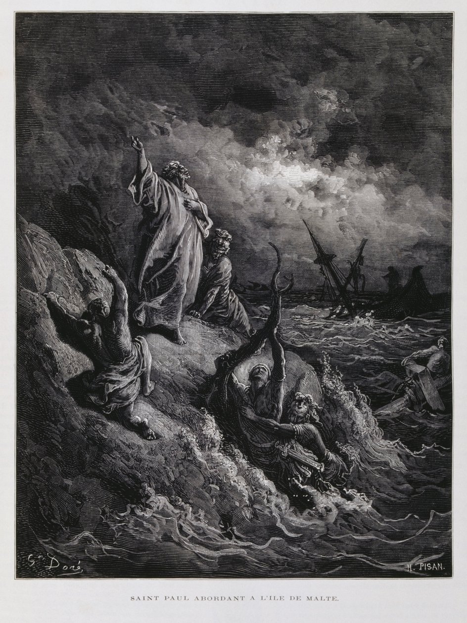 San Pablo desembarca en Malta, ilustración de la Biblia de Dore de Gustave Dore