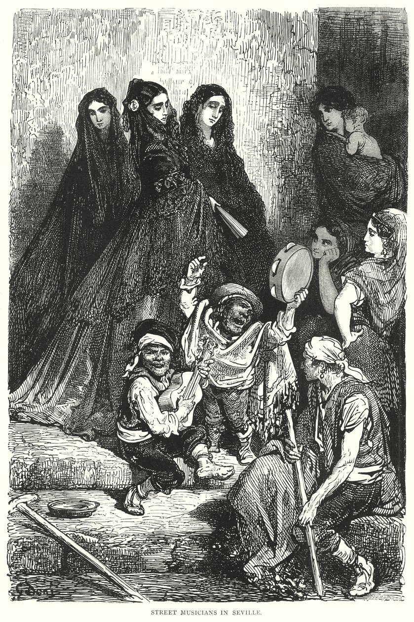 Músicos callejeros en Sevilla (grabado) de Gustave Dore