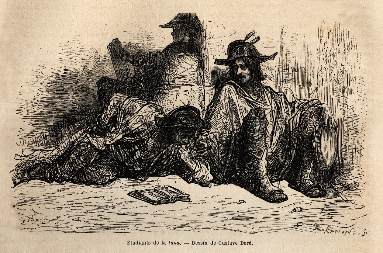 Estudiantes de tuna en el distrito de la Universidad de Alcalá de Henares, la peculiaridad de estos estudiantes que han adoptado una vida ociosa, libre y errante es no estudiar, boceto en vivo por Gustave Doré. Grabado para ilustrar el viaje de Gustave Dore