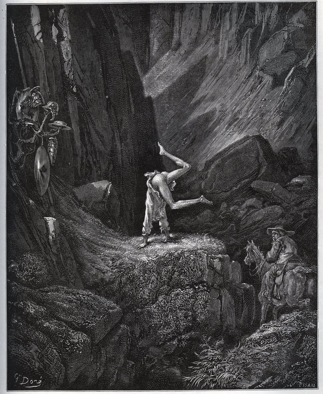 La penitencia acrobática de Don Quijote en Sierra Morena - de “Don Quijote de la Mancha” por Miguel Cervantes (1547-1616) - xilografía según dibujo de Gustave Doré de Gustave Dore