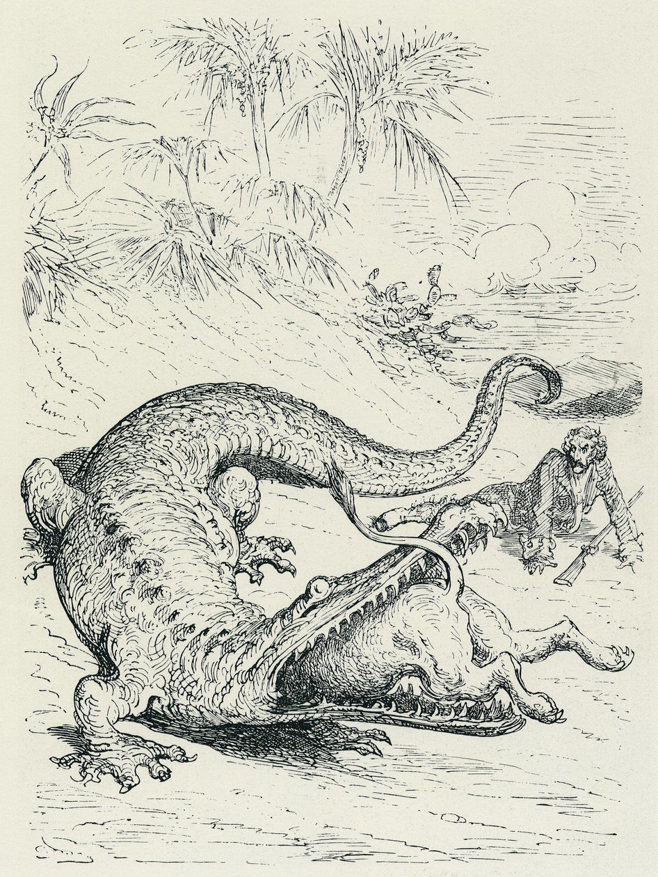 "Las aventuras del Barón de Munchausen" (Munchhausen): El intrépido Barón de Munchausen perseguido por un león se cruza en el camino de un enorme cocodrilo que devorará al león. Ilustración de Gustave Doré Finales del siglo XIX. de Gustave Dore