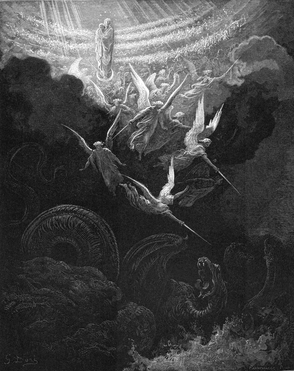 El Arcángel Miguel y sus ángeles luchando contra el dragón de Gustave Dore