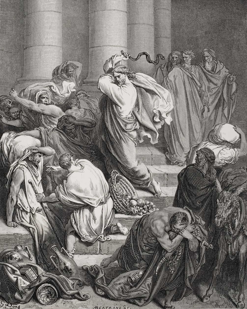 Los compradores y vendedores expulsados del templo, Lucas 19:45-46, ilustración de 