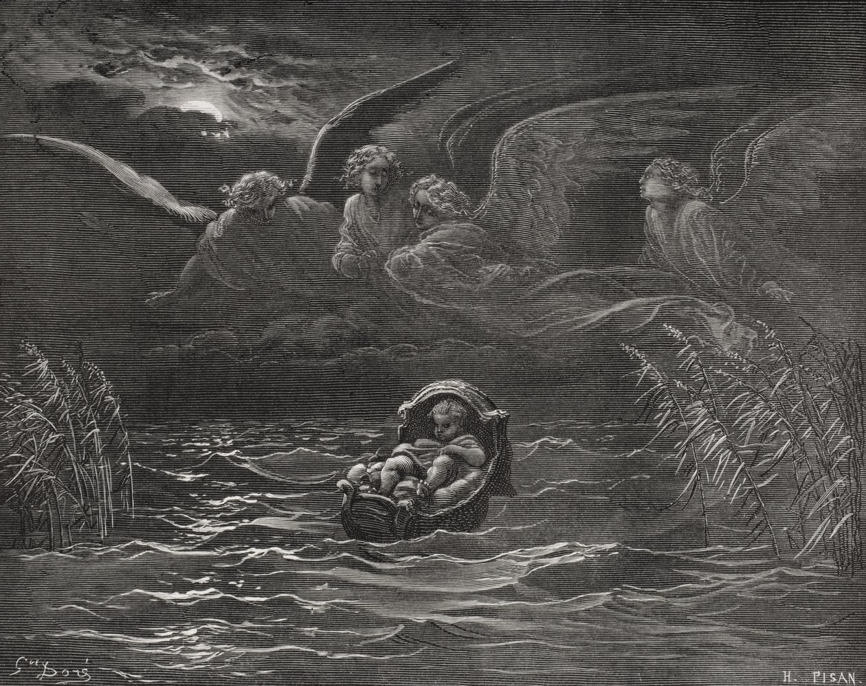 El niño Moisés en el Nilo, Éxodo 2:1-4, ilustración de 