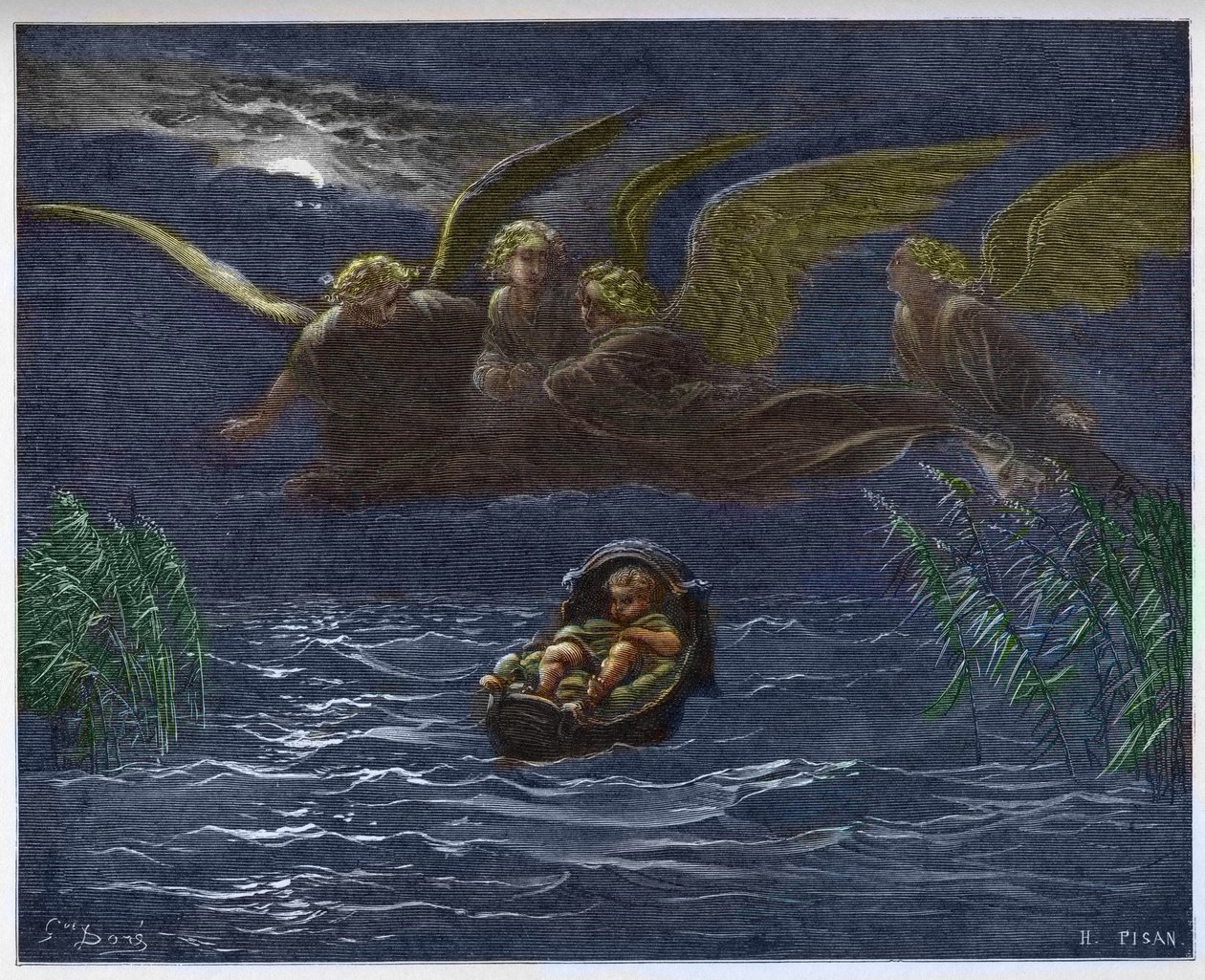 El niño Moisés en el Nilo rodeado por los ángeles guardianes de Gustave Dore