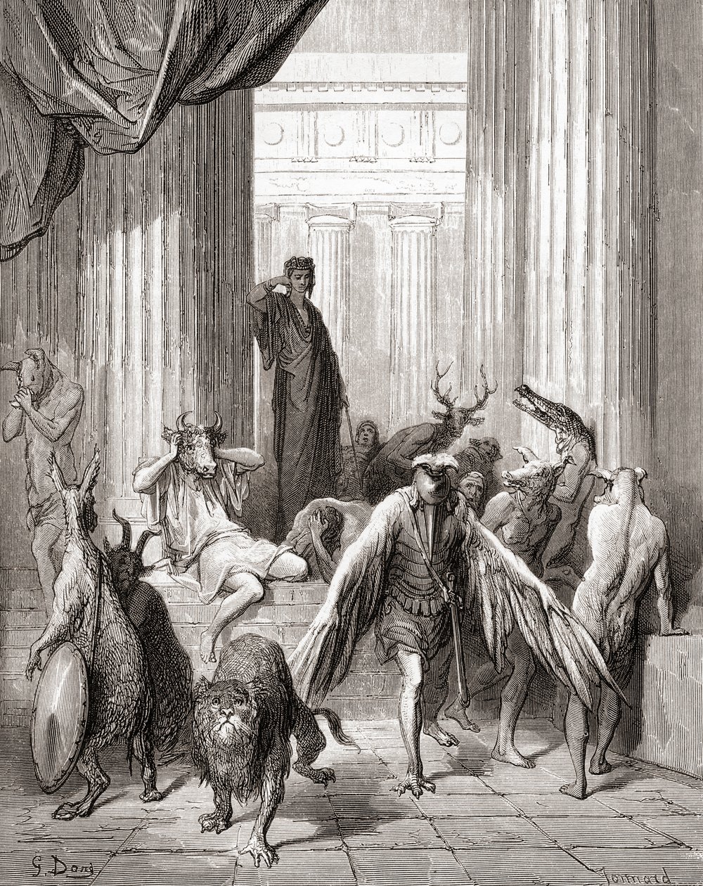 Los Compañeros de Ulises, de una edición tardía del siglo XIX de Fábulas de La Fontaine de Gustave Dore