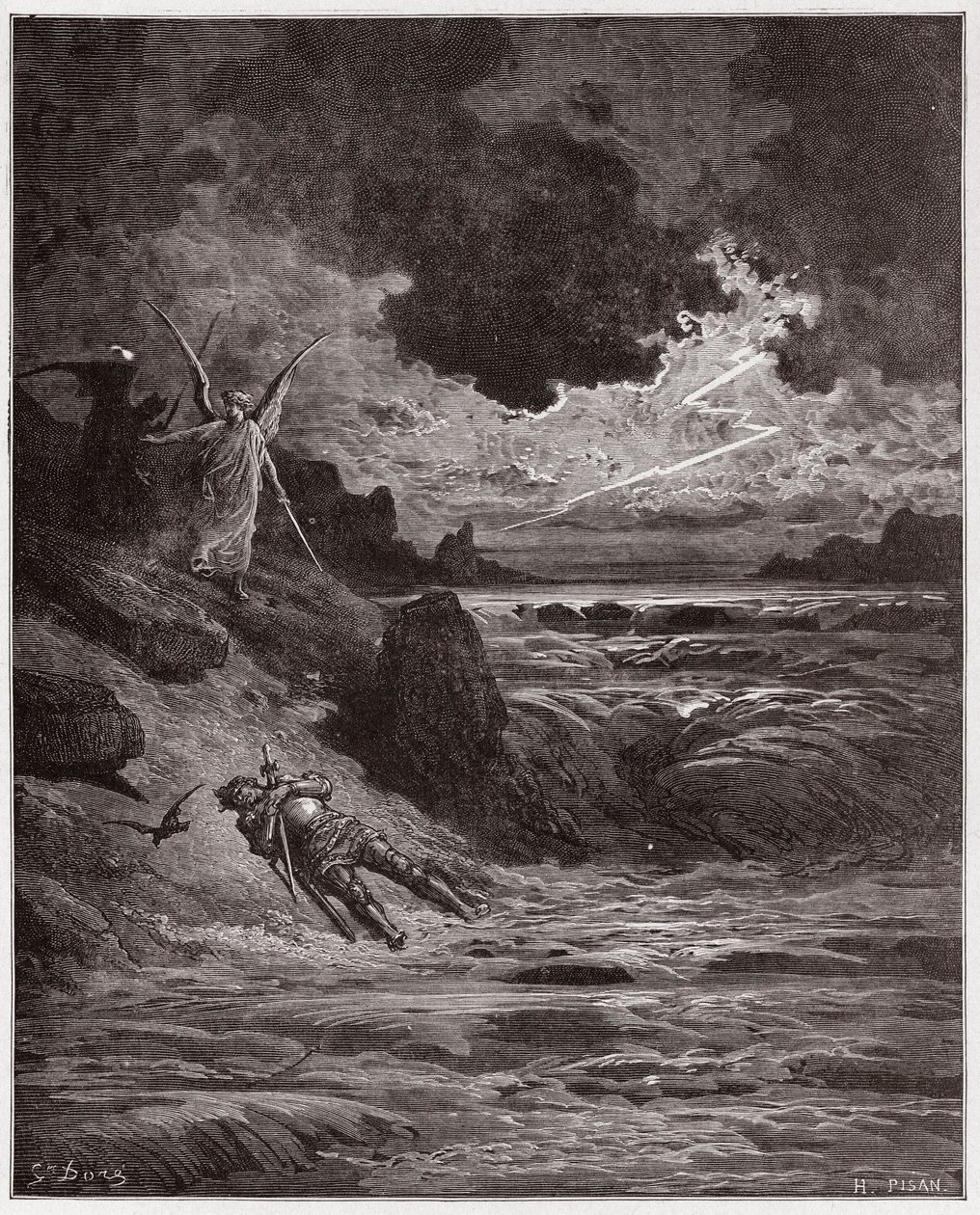 La Divina Comedia, Purgatorio, Canto 5: El cuerpo de Buonconte da Montefeltro en el Arno - Ilustración de Gustave Doré de Gustave Dore