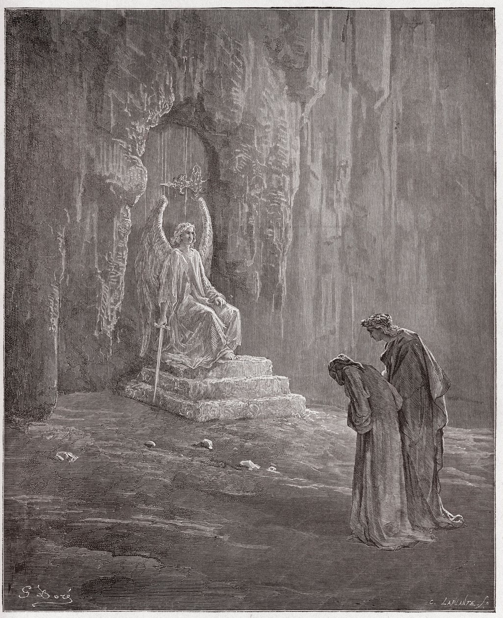 La Divina Comedia (La Divina Comedia, La Divine Comedie), Purgatorio, Canto 9: Dante y Virgilio en los portales del Purgatorio - por Dante Alighieri (1265-1321) - Ilustración de Gustave Doré (1832-1883) de Gustave Dore