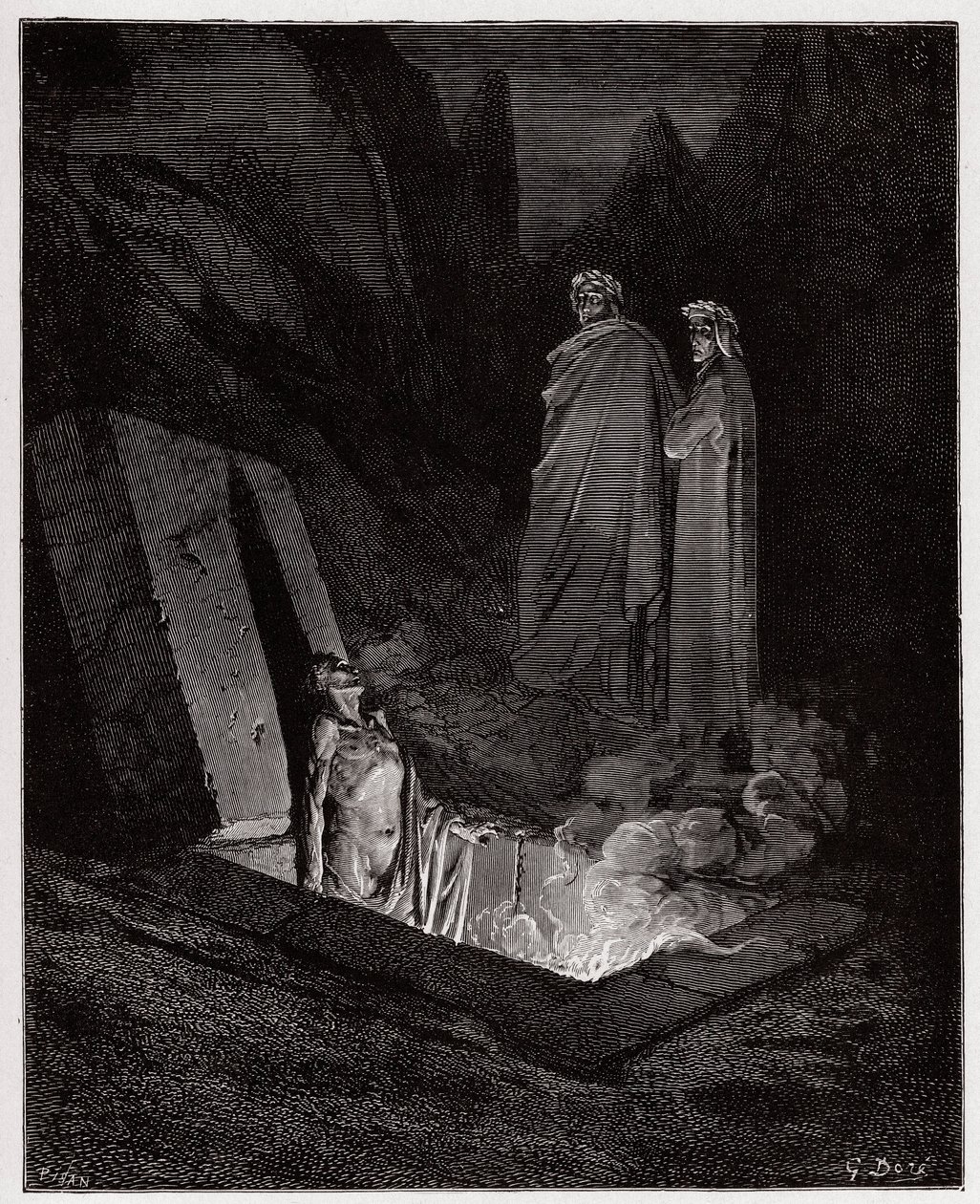 La Divina Comedia, Infierno, Canto 10: Farinata degli Uberti se dirige a Dante - Ilustración de Gustave Doré de Gustave Dore