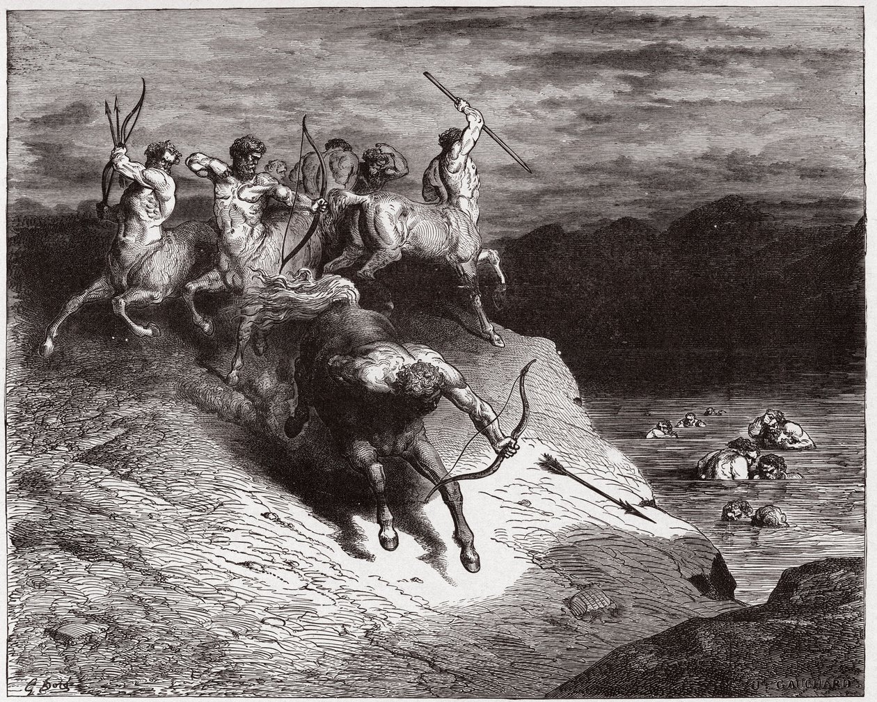 La Divina Comedia, Infierno, Canto 12: Los centauros atacan las almas en sangre hirviente - Ilustración de Gustave Doré de Gustave Dore