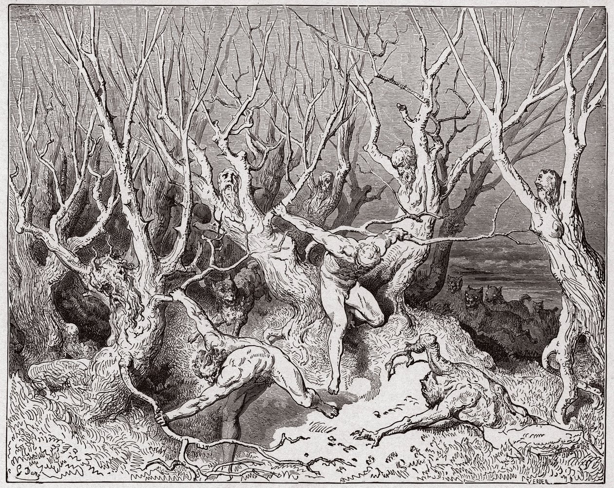 La Divina Comedia (La Divina Commedia, La Divine Comédie), Infierno, Canto 13: Los suicidas huyen del bosque - por Dante Alighieri (1265-1321) - Ilustración de Gustave Doré (1832-1883) de Gustave Dore