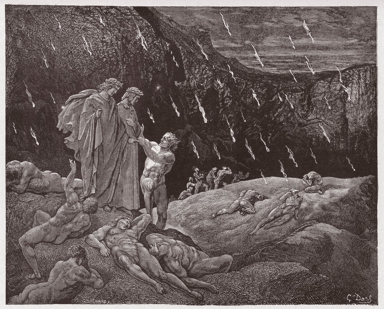 La Divina Comedia, Infierno, Canto 15: Brunetto Latini aborda a Dante - por Dante Alighieri (1265-1321) - Ilustración de Gustave Doré (1832-1883) de Gustave Dore