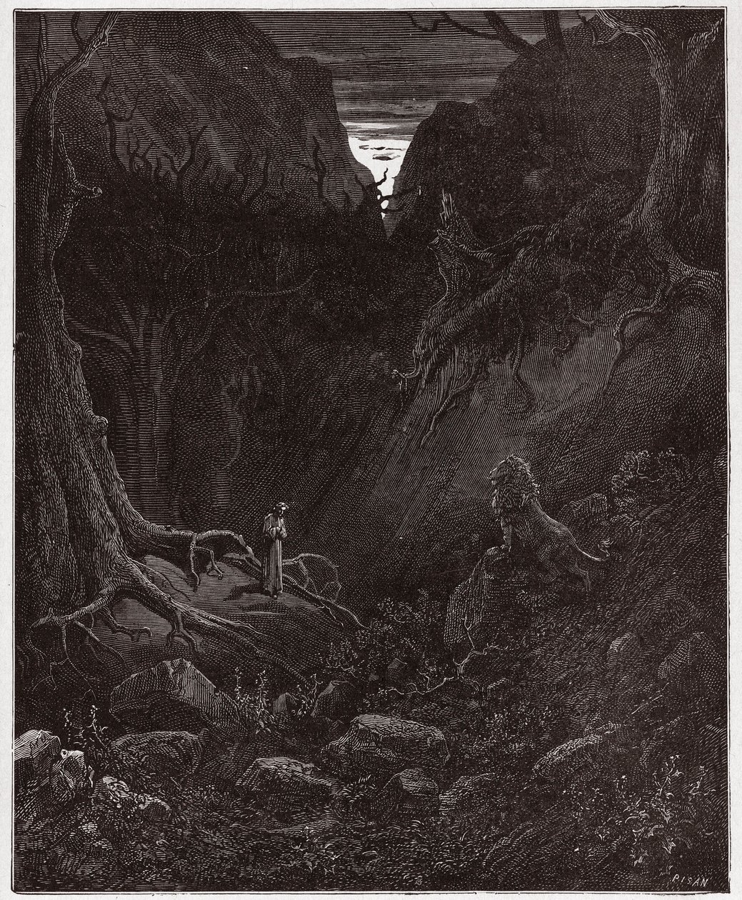 La Divina Comedia, Infierno, Canto 1: El león confronta repentinamente a Dante - Ilustración de Gustave Doré de Gustave Dore