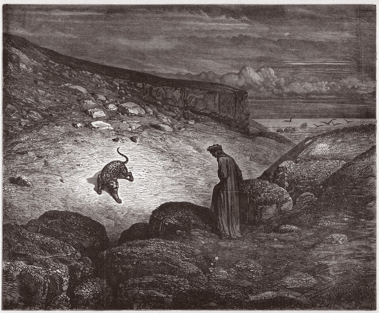 La Divina Comedia, Infierno, Canto 1: La pantera al comienzo del ascenso - Ilustración de Gustave Doré de Gustave Dore