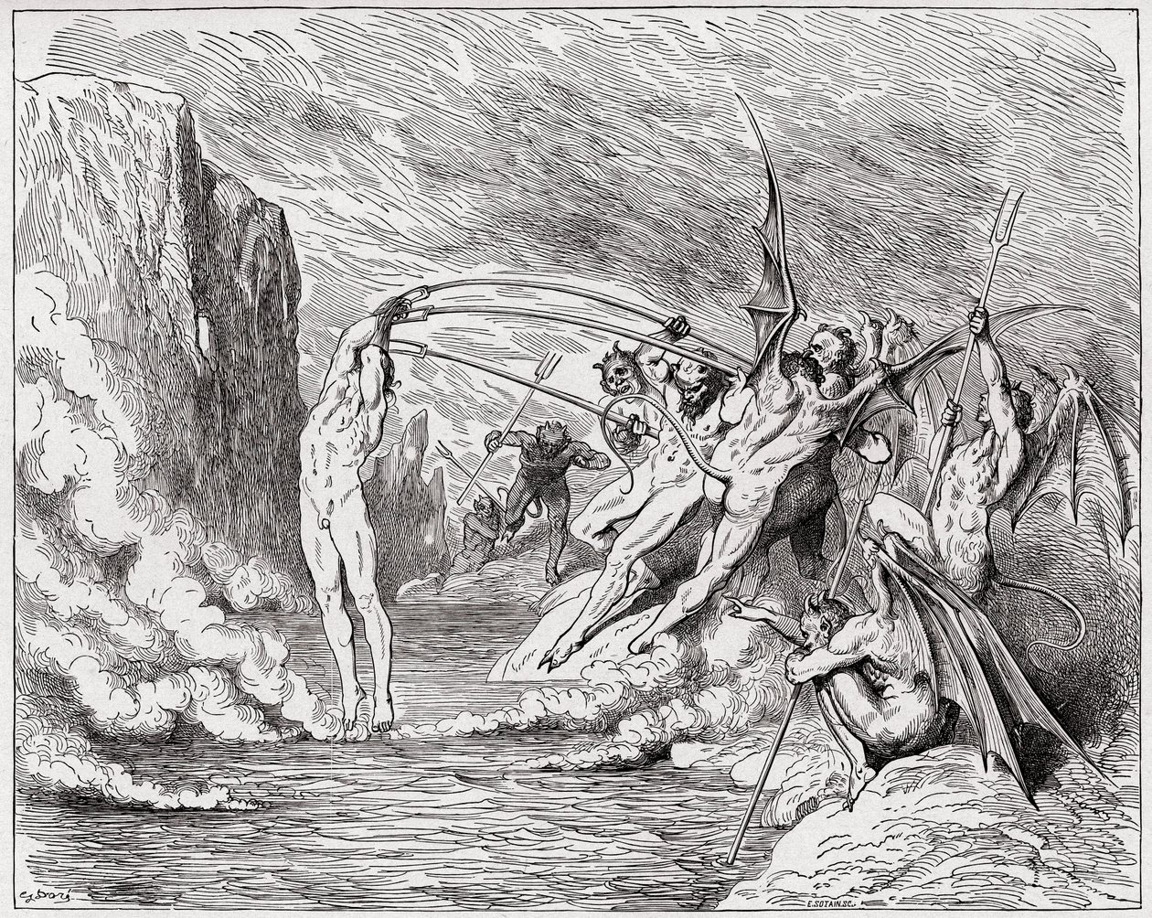 La Divina Comedia, Infierno, Canto 21: Los demonios atormentan a los barateros - por Dante Alighieri (1265-1321) - Ilustración de Gustave Doré (1832-1883) de Gustave Dore