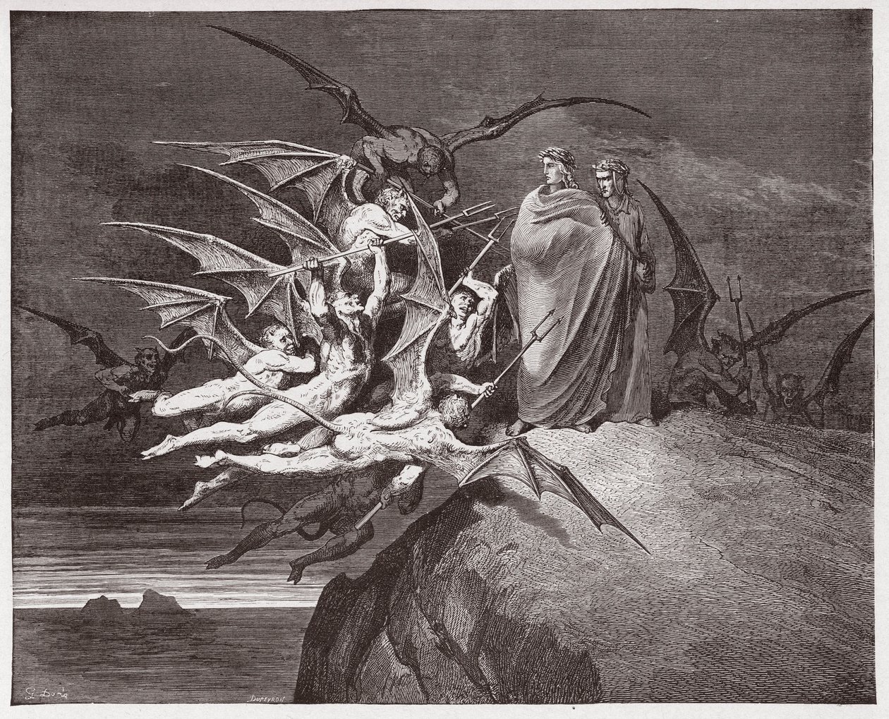 La Divina Comedia, Infierno, Canto 21: Los demonios amenazan a Virgilio - por Dante Alighieri (1265-1321) - Ilustración de Gustave Doré (1832-1883) de Gustave Dore