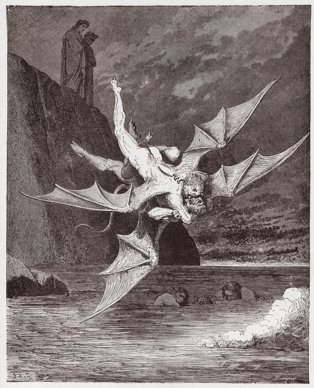 La Divina Comedia (La Divina Commedia, La Divine Comedie), Infierno, Canto 22: Alichino y Calcabrina se enfrentan sobre el alquitrán - por Dante Alighieri (1265-1321) - Ilustración de Gustave Doré (1832-1883) de Gustave Dore